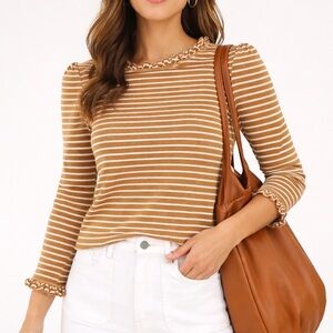 Ruffle Neck Tan Stripe Ribbed Top | Soft Feminine Spring Layer | Size L